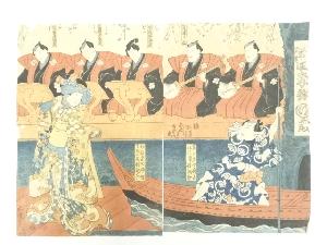 江戸期　歌川国貞　役者絵　3枚続の左・右　手摺木版画